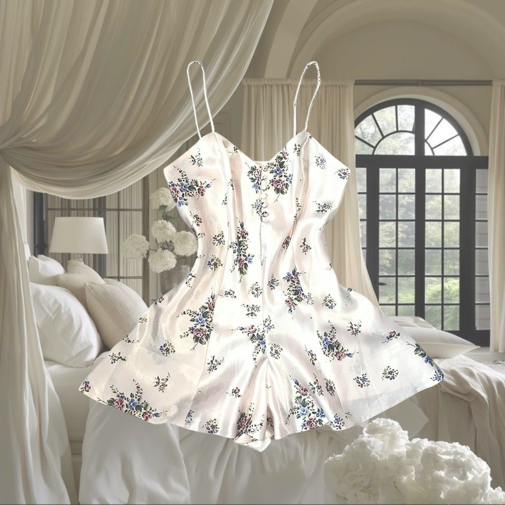 Vintage Y2K 90s Ballet Cottage Satin Flower Romper Teddy Romper silky Slip